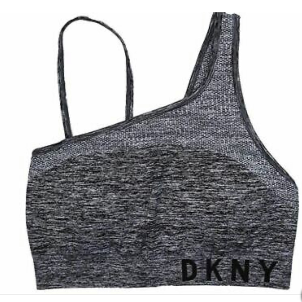 DKNY Asymmetrical Shoulder Logo Print Low-Impact Sports Bra (Heather Grey,Large)